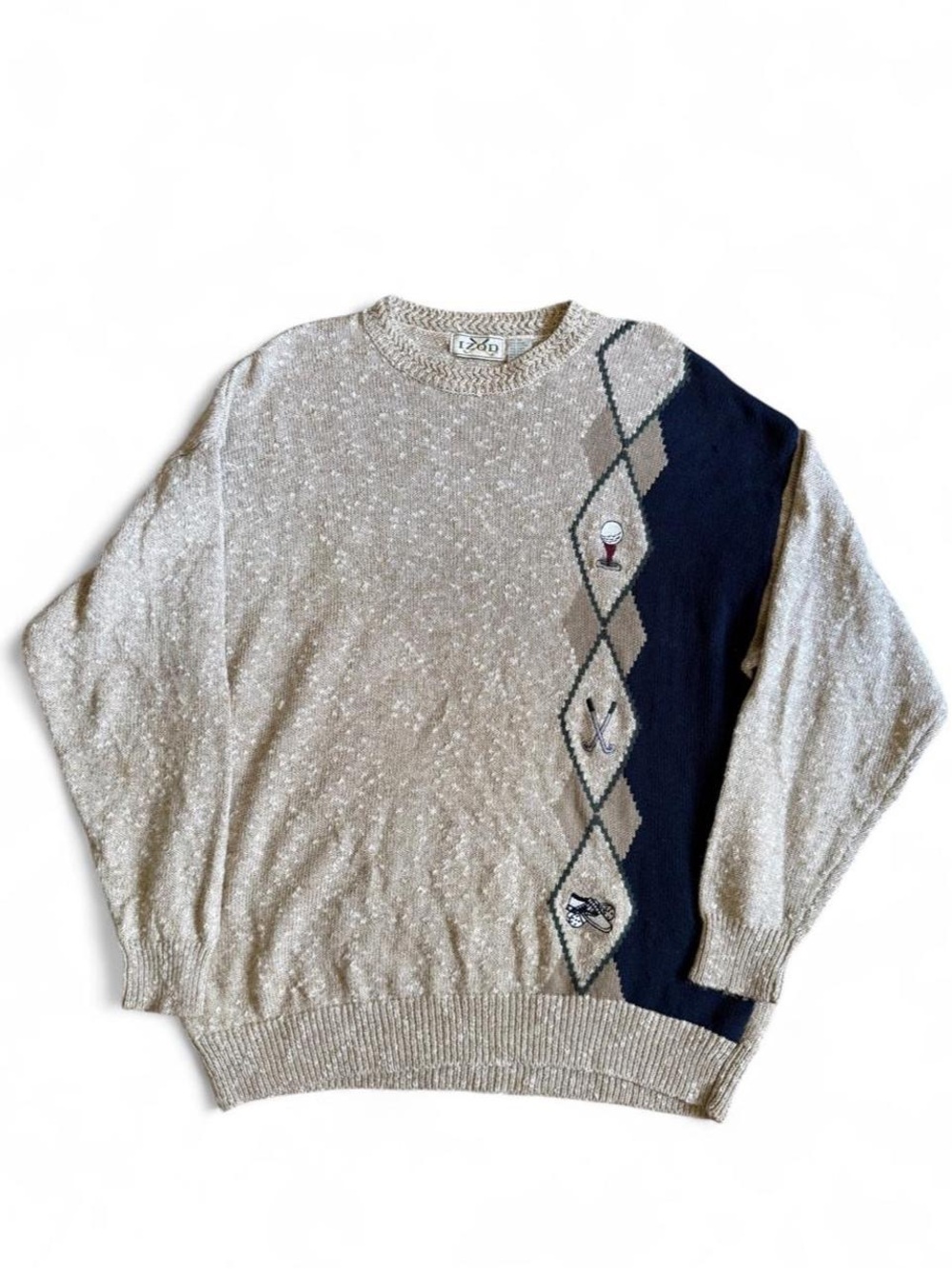 Izod Golf Beige and Navy Argyle Panel Crewneck Sweater